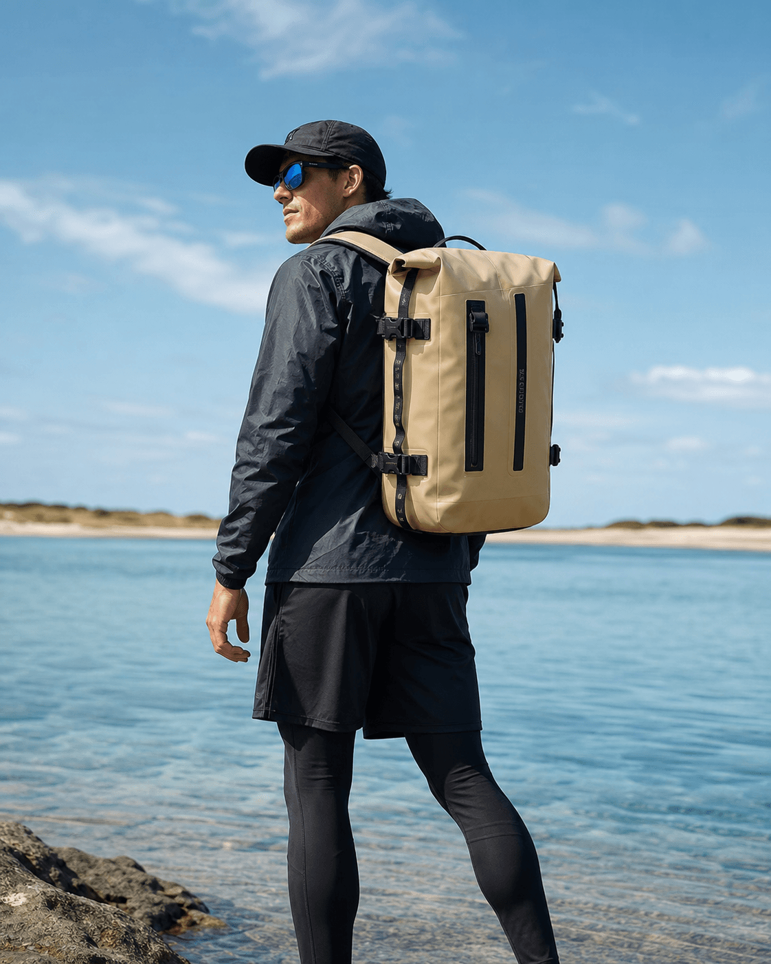 Outdoor model wearing a sand waterproof backpack by the water